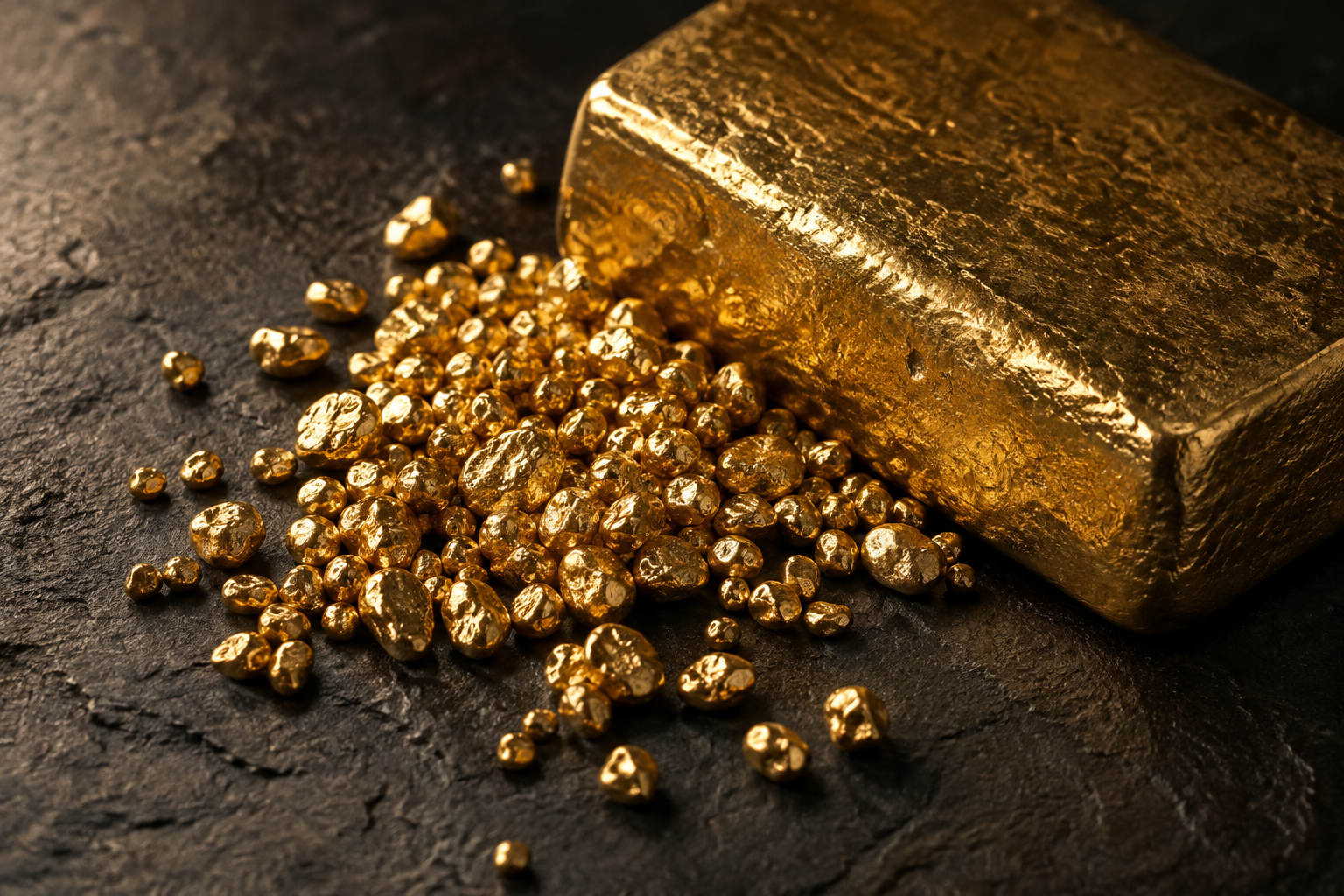 Illustrative gold granules beside a cast ingot on dark stone