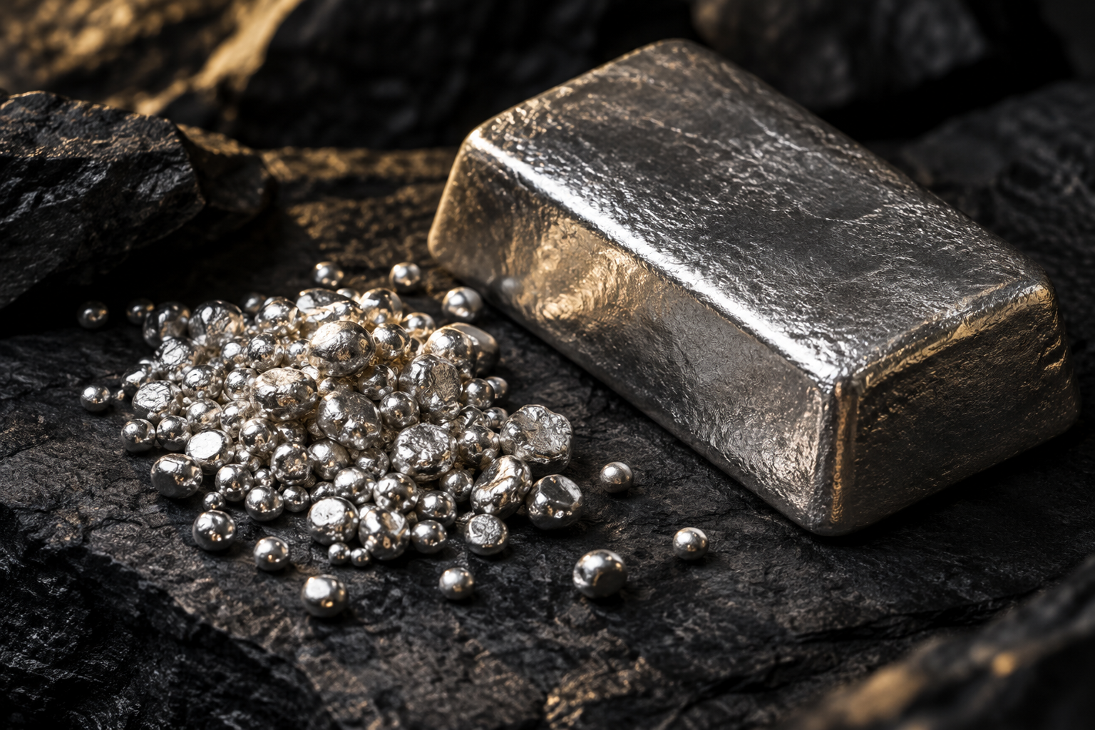 Illustrative close-up of silver granules and an unbranded ingot